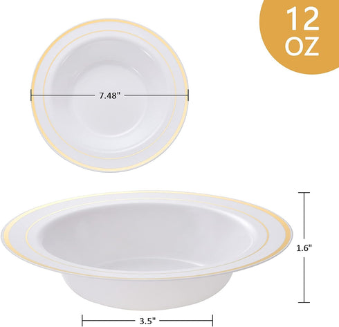 N9R 30 Pack Disposable Soup Bowls with Gold Rim, 12 Oz Fancy Plastic Soup Bowls for Holidays, Parties, Weddings, Catering,and Everyday Use by N9R