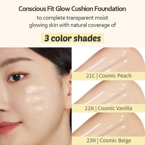 MOONSHOT KOREA Conscious Fit Cushion Foundation, Medium Coverage, Long-Lasting, Vegan & Cruelty-Free (15N Cosmic Cream)
