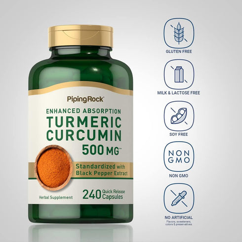Piping Rock Turmeric Curcumin with Black Pepper 500 mg | 240 Capsules | Bioperine Supplement | Standardized Complex