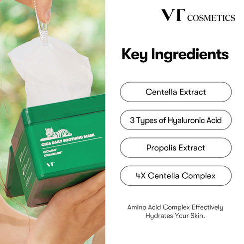 VT COSMETICS Daily Soothing Mask, 30ea, Hydrating Facial Sheet Mask, 30 Day Supply, Cica Face Mask