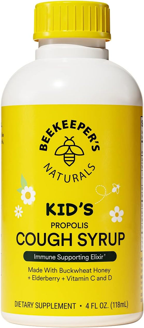 Beekeeper's Naturals Propolis Honey Cough Syrup for Kids - Immune Support with Elderberry, 4 oz