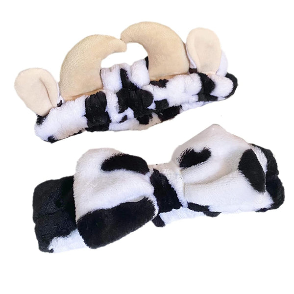 Spa Headband for Women - Plush Hairhoop with Cow Horn Bow Shape, Soft Head Wraps for Facial Makeup, Shower