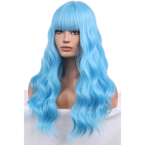 BERON Blue Long Curly Wigs for Women, Light Blue Heat Resistant Synthetic Wig with Bangs for Cosplay