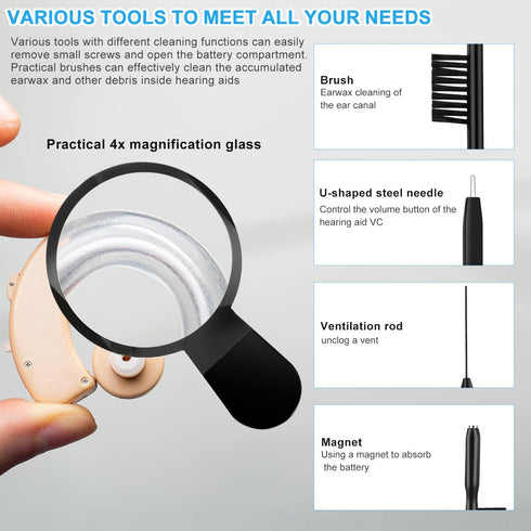 WXJ13 Hearing Aid Cleaning Kit, 13 Pieces with Nylon Brushes, Magnifier, Ventilation Rod, Screwdriver, Case for
