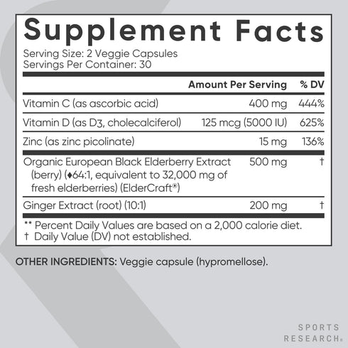 Sports Research Elderberry + D3 5000iu with Zinc, Ginger & Vitamin C - Daily Immune Support Supplement, 60 Veggie