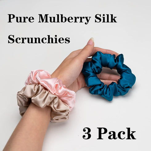 Silk Scrunchies for Hair, 100% Mulberry Silk Hair Ties, 3 Pack (Pink, Peacock Blue, Apricot)