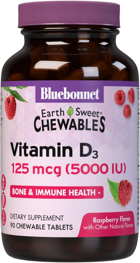 Bluebonnet Nutrition Earth Sweet Vitamin D3 5000 IU Chewable Tablets, 90 Count, Aids in Muscle & Skeletal Growth