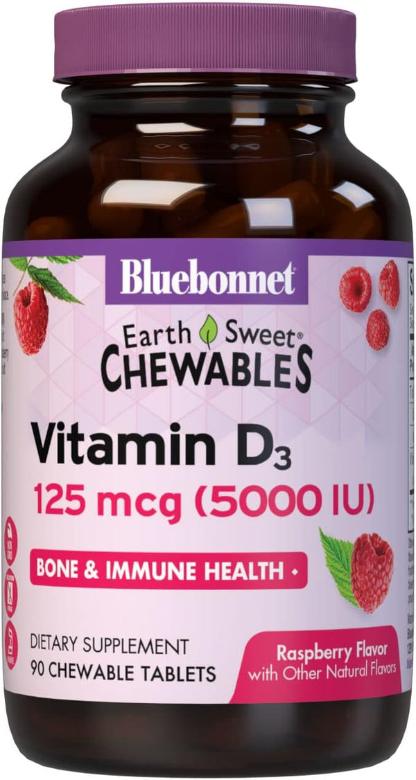 Bluebonnet Nutrition Earth Sweet Vitamin D3 5000 IU Chewable Tablets, 90 Count, Aids in Muscle & Skeletal Growth