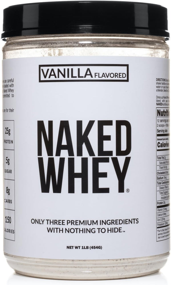 Naked Vanilla Whey Protein 1Lb: All Natural Grass Fed Whey Powder with Vanilla & Coconut Sugar, 12 Servings, GMO-Free