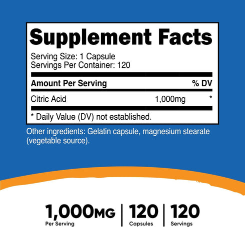 Nutricost Citric Acid 1000mg (1 gram), 120 Capsules - Gluten Free, Non-GMO