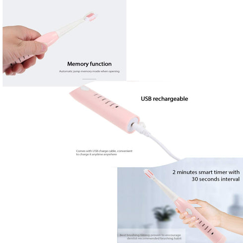 RED-NI Sonic Electric Toothbrush, 4 Free Replacement Heads Included, USB Fast Charging Waterproof Toothbrush, Pink