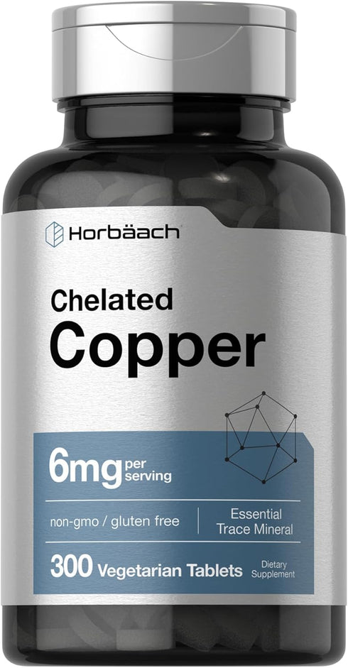 Horbaeach Chelated Copper Supplement 6mg | 300 Tablets | Vegetarian, Non-GMO, Gluten Free