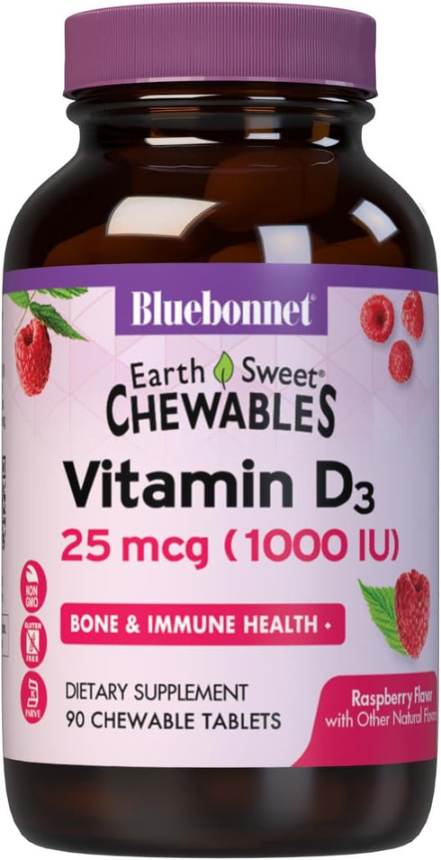 Bluebonnet Nutrition EarthSweet Vitamin D3 1000IU - Raspberry Chewable Supplement for Bone & Immune Support, 90 Tablets