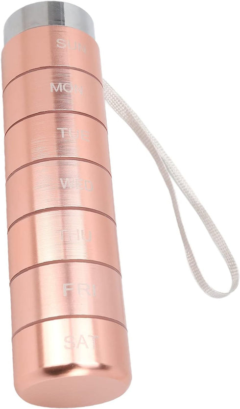 Metal Pill Organizer - Stackable Weekly Travel Medicine Box, Portable Waterproof Aluminum Alloy with Lanyard Rose Gold