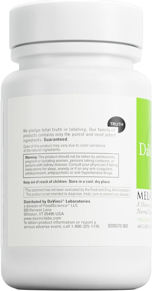 DaVinci Labs Melatonin-3, 60 Capsules - Sleep Supplement & Antioxidant Support with 3 mg Melatonin