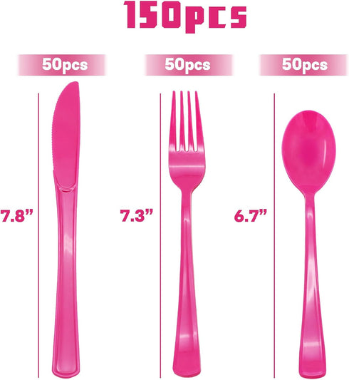 150 Pack Hot Pink Silverware, Hot Pink Cutlery, Hot Pink Plastic Utensils - 50 Hot Pink Plastic Forks, 50 Hot Pink Knives, 50 Hot Pink Spoons for Birthday Bachelorette Wedding by joy akkess