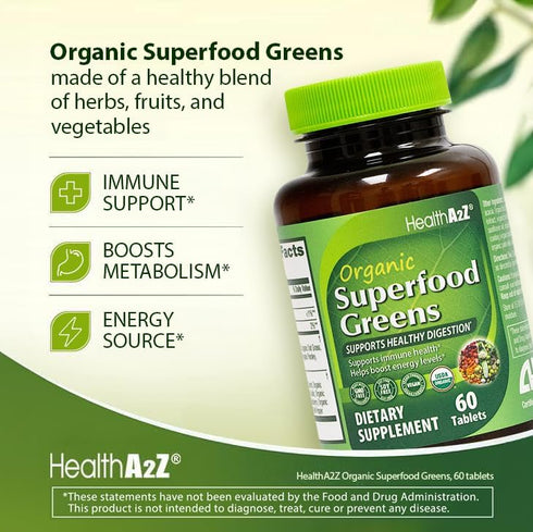 HealthA2Z 60 720mg 580mg Organic Superfood Greens | Tablets | Greens Blend | Fruits & Veggies Blend | Alfalfa