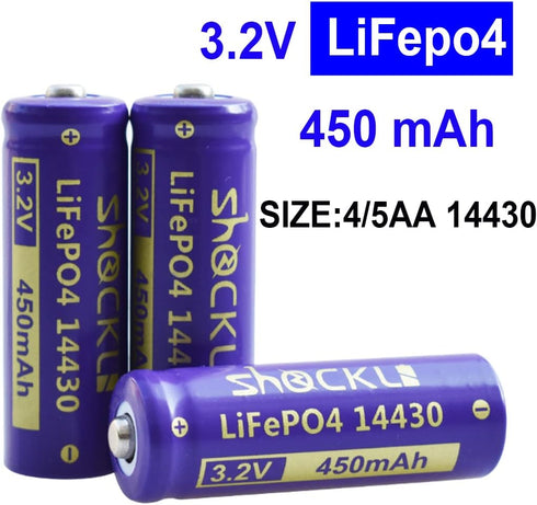 Shockli 14430 3.2V 450mAh LiFePO4 Rechargeable Solar Battery for Outdoor Garden Light, 2-Pack
