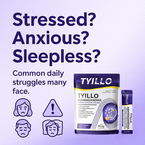 Tyillo D3 20 Ashwagandha Drink Mix, Raspberry Lemonade Flavor, with L-Theanine, Magnesium & Stress Relief, Calm Focus