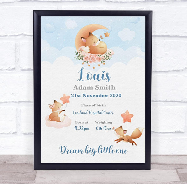The Card Zoo New Baby Birth Details Christening Nursery Watercolour Foxes Keepsake Gift Print