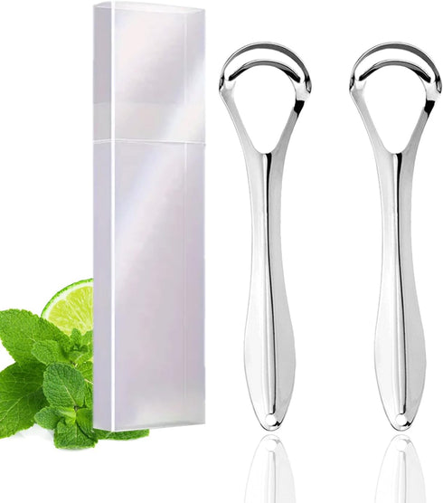 2 Pack Medical Grade Metal Tongue Scrapers with Travel Case, Dual-Layer Cleaners Set for Adults & Kids