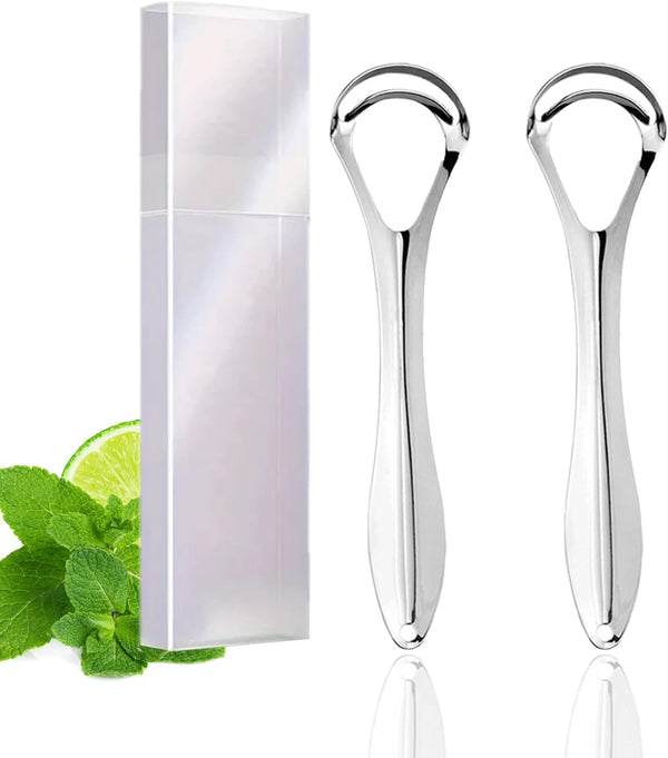 2 Pack Medical Grade Metal Tongue Scrapers with Travel Case, Dual-Layer Cleaners Set for Adults & Kids