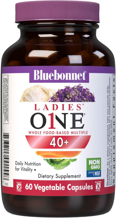 Bluebonnet Nutrition Ladies’ ONE 40+ Whole Food-Bed Multiple, Women Multivitamin, 60 Vegetable Capsules