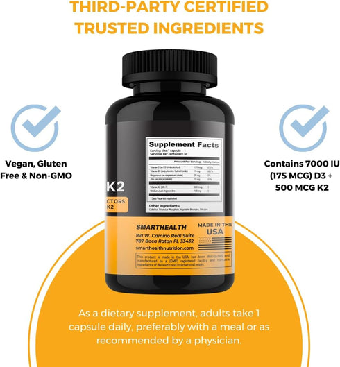Vitamin D3 + K2 - 7000 IU D3 + 500 MCG K2 - Bone Health & Immune Support - Gluten Free, Vegan, Non-GMO - 30 Veggie