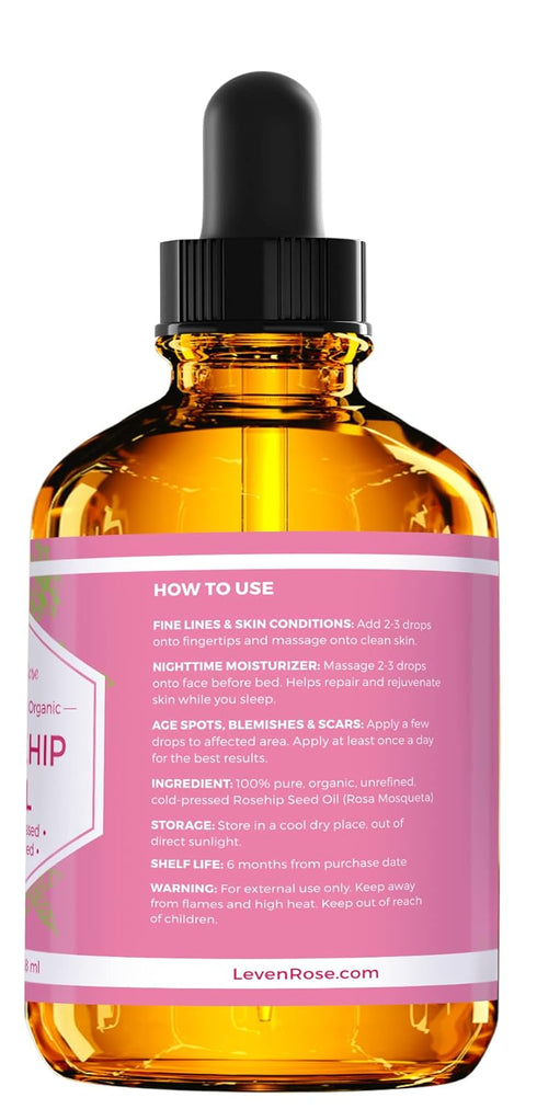 Leven Rose Rosehip Seed Oil for Face, 4 oz - Pure Unrefined Cold Pressed Oil for Body, Nighttime Moisturizer