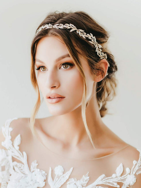 SWEETV Leaf Wedding Headpieces - Gold Bridal Headband with Rhinestones for Bride and Flower Girl