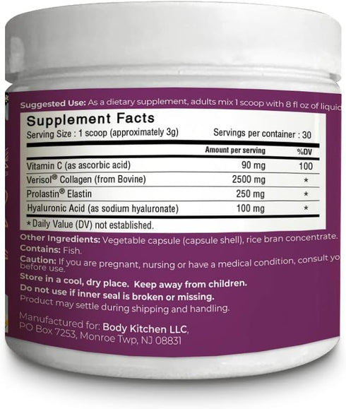 Body Kitchen Collagen and 250 mg Elastin Supplement to Aid Signs of Aging, Support Skin Health & Elasticity, Fewer Wrinkles, Unflavored Powder, Tasteless, Odorless, Colorless, 30 Servings