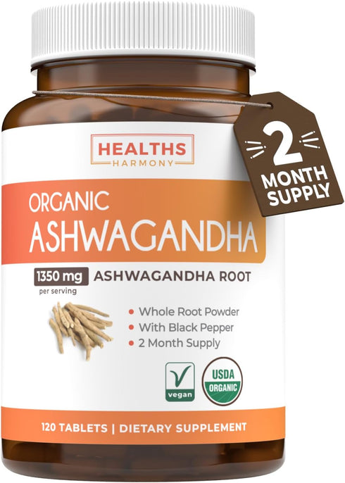 USDA Organic Ashwagandha Supplement, High Potency Pills with Black Pepper, Vegan, 2 Months Supply