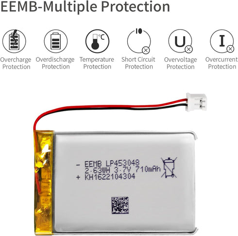 EEMB 3.7V 710mAh 453048 Lipo Rechargeable Battery Pack with Wire JST Connector for Speaker