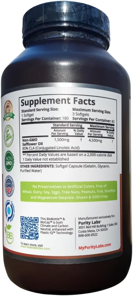 Purity Labs CLA Supplements 4500MG - Non-GMO Safflower Oil - Supports Energy, Weight Loss, Heart Health, and Muscle