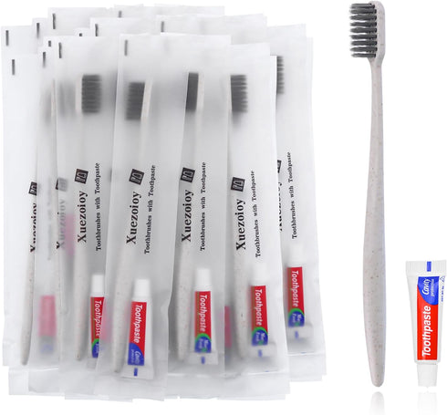Disposable Toothbrushes with Toothpaste, 60 Pack, Apricot Individually Wrapped Disposable Travel Toothbrushes Kit for