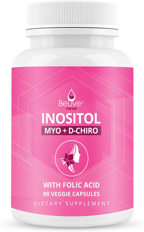 BeLive Myo-Inositol & D-Chiro Inositol Capsules - 90Ct Supplement with Folic Acid for Women