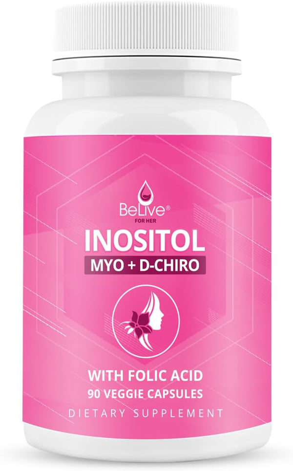 BeLive Myo-Inositol & D-Chiro Inositol Capsules - 90Ct Supplement with Folic Acid for Women