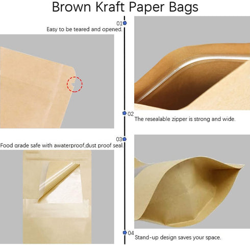 100pcs Kraft Paper Stand Up Pouches, Ziplock Food Storage Bags with Matte Window, Reusable, Heat-Sealable
