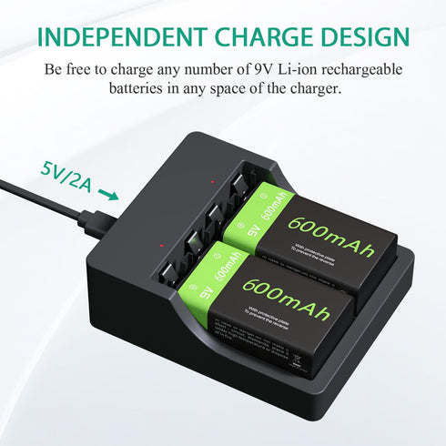 LP 9V 2 Pack 600mah 9 Rechargeable Batteries with Charging Station - Long Lasting Volt Lion Batteries - Compatible