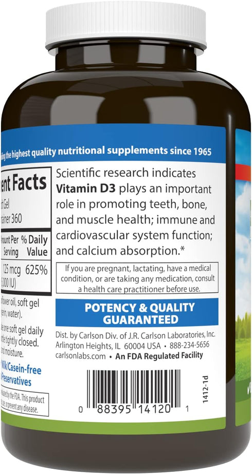 Carlson Vitamin D3 5000 IU (125 mcg), 360 Softgels - Bone & Muscle Health, Cholecalciferol, Vitamin D Supplements
