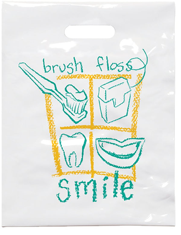 Practicon Brush Floss Smile Dental Giveaway Bag - 7-3/4" x 9" Goodie Bag, 100 Pack for Dentist Office