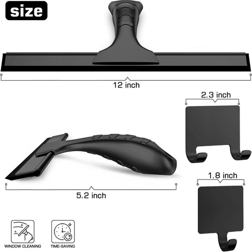 All-Purpose Shower Squeegee for Shower Doors, Bathroom Cleaner Tool with 2 Adhesive Hooks, 12 Inch Black