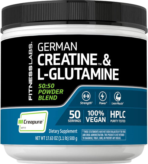 Fitness Labs German Creatine and L-Glutamine, 1.1 lbs, Monohydrate and Creapure Powder, Vegan Supplement