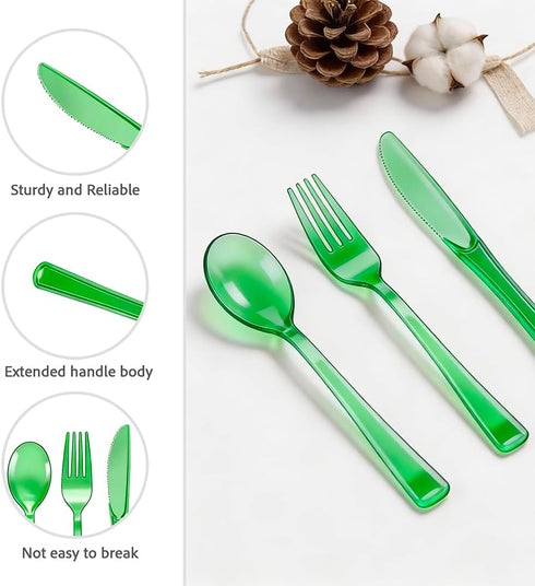 Pocoxll 150 Pack Set, Set, 50 50 50 Green Plastic Silverware Disposable Cutlery, Heavy Duty Flatware Disposable Plastic