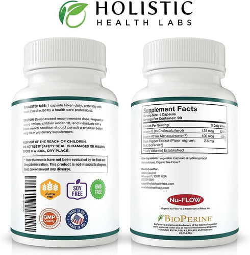 Max Absorption Vitamin K2 + D3 (5000IU) 90 Veggie Capsules from MK-7 and Cholecalciferol for Healthy Heart and Strong