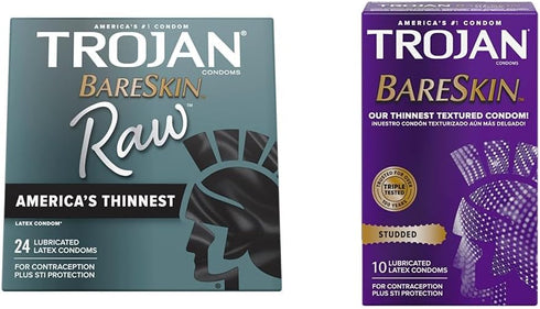 TROJAN BareSkin Raw Thin Condoms 24 Count with Studded Bareskin Lubricated Condoms 10