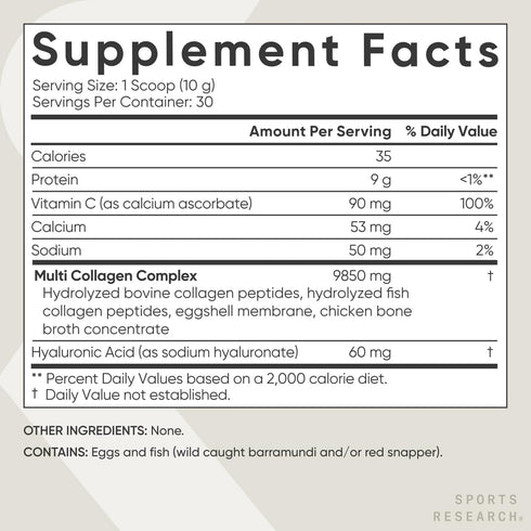 Sports Research Multi Collagen Protein Powder with Hyaluronic Acid + Vitamin C | 30 Servings