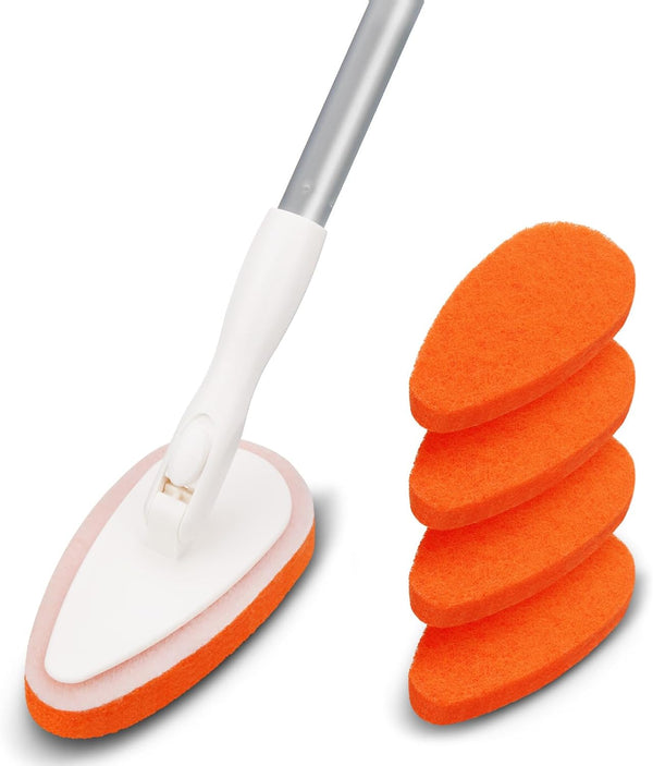 Qaestfy Shower Bathtub Tile Scrubber Cleaning Brush with 51'' Handle, 5 Non-Scratch Scouring Pads.