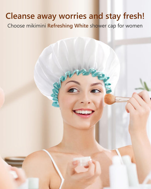 mikimini White Shower Cap for Women and Girls 2 Pack, Double Waterproof, Reusable, Washable, Soft and Comfortable