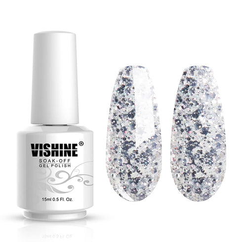 Vishine Gelpolish Long-lasting Gel Nail Polish, Shiny Color Soak Off UV LED, Glitter Silver (1853)